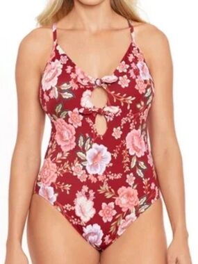 Time & Tru One Piece Swimsuit Plus 1X 16/18W Spring Vibes Brick Red Peony Floral